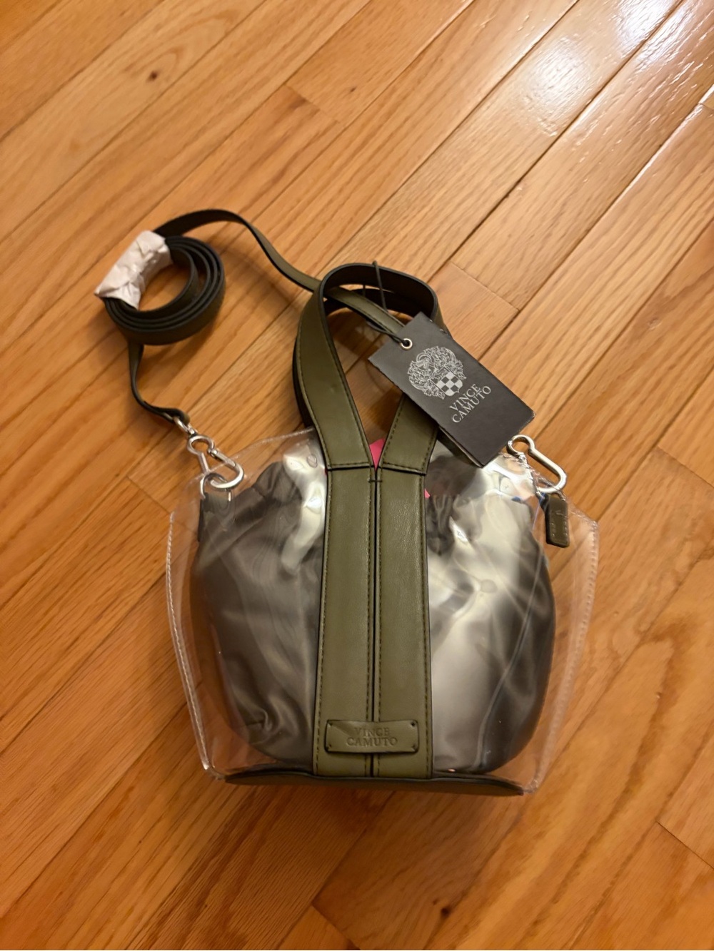 Vince Camuto Olive and Clear Bucket Crossbody with Pink Lining